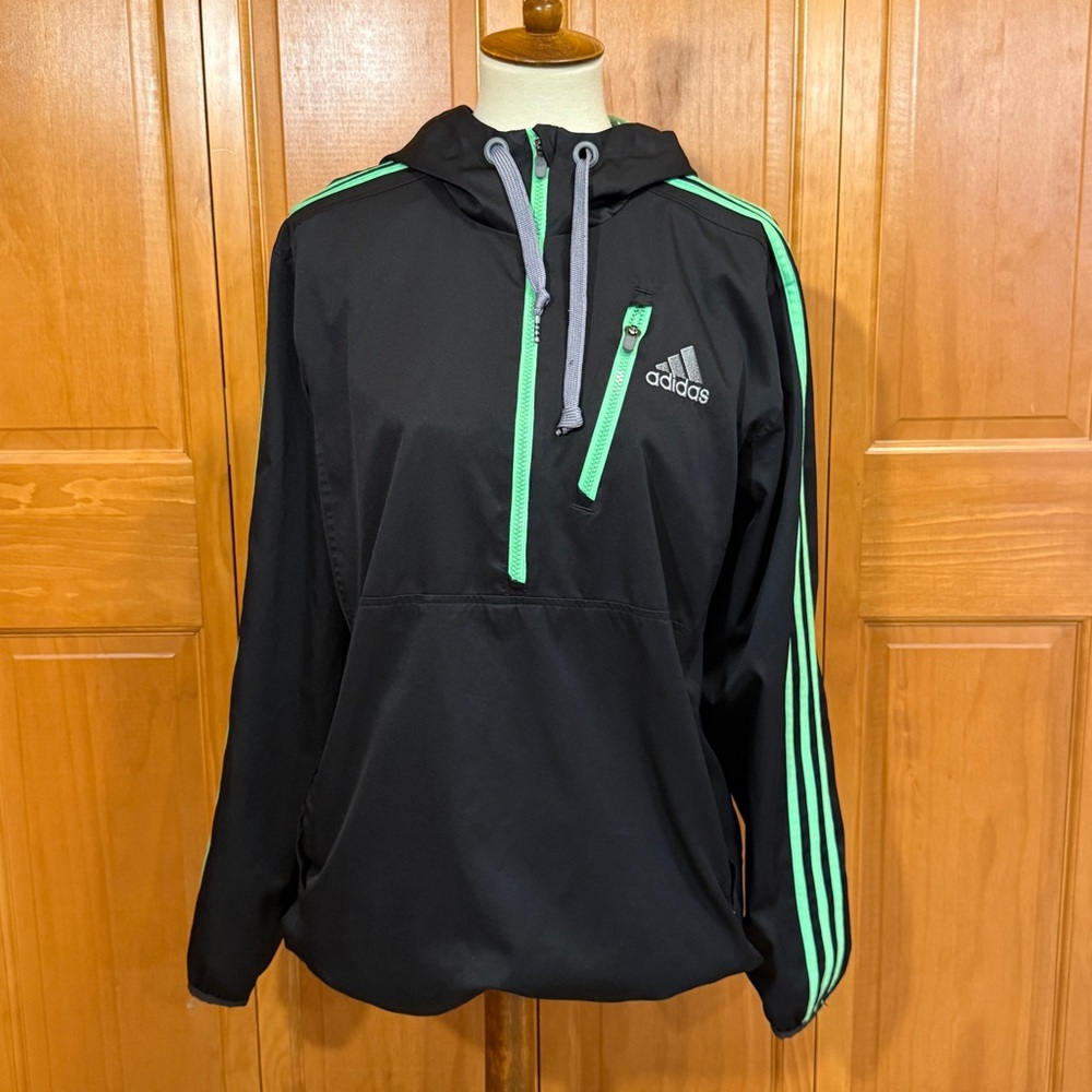 Retro Adidas Black Pullover Windbreaker Jacket with Green Stripes